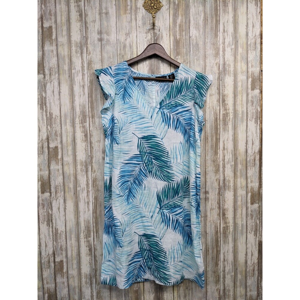 Tahari NWT Women's Palm Leaf Print 100% Linen Flutter Sleeve Shift Dress XS